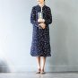 Women Spring Autumn Dress Vintage Print Stand Collar Plate Buttons Loose Cotton Dress Retro Casual R