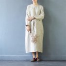 Women Autumn Dress Vintage Plate Buttons Long-sleeve Loose Long Linen Cotton Dresses Casual Robe S43