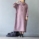Women Autumn Winter Dress Vintage Turtleneck Thickening Jacquard Loose Long Linen Cotton Dress Casua
