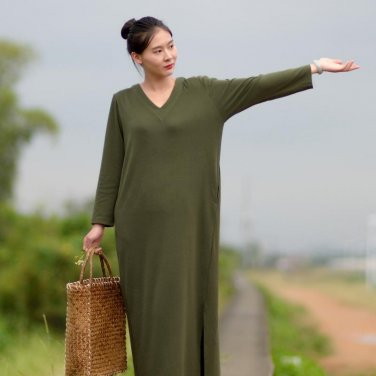 Autumn Dresses Solid V-neck Long-sleeve Casual Cotton Dress Long Base Women Dress Multi-color S249