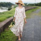 Summer Dress Vintage Rose Print V-neck 100% Ramie Long Dress Cute Loose Robe Vestidos S387