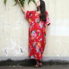 Women Summer Linen Dress Vintage Flower with Butterfly Print Loose Medium-Long Robe Plus Size Casual