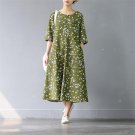 Spring Summer Women Dress Vintage Floral Print Half-sleeve Pearl Button Slim Linen Cotton Dresses S3
