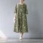 Spring Summer Women Dress Vintage Floral Print Half-sleeve Pearl Button Slim Linen Cotton Dresses S3