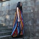 7 Summer Sleeveless National Trend Color Stripes Expansion Bottom Long Maxi Cotton Dress Bohemia Bea