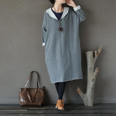 Women Spring Autumn Dress Solid Cotton Loose Hooded Dress Plus Size Long Sleeve Knee-length Dress Ve