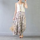 Summer Trousers for Women Elastic Waist Vintage Print Loose Long Cotton Wide Leg Pants Casual Beach 