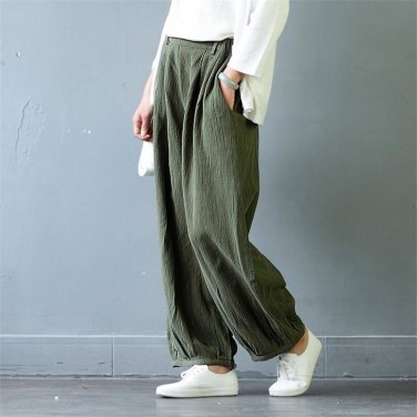 Women Pant Casual Solid Elastic Waist Jacquard Long Harem Pants Loose Linen Pantalon Femme Trouser f