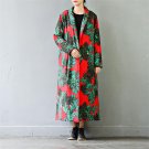Winter Jacket Women Vintage Print Thickening Loose Long Linen Cotton Padded Casual Wide-waisted Coat