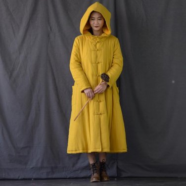Winter Jacket Women Solid Vintage Loose Big Hood Handmade Plate Butoons Long Cotton-padded Coats S27