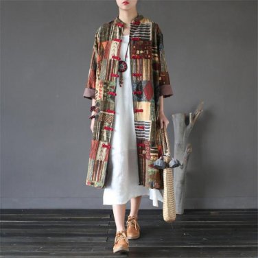 Spring Autumn Trench Coat Chinese Style Stand Collar Plate Buttons Outerwear Long Plus Size Feminine