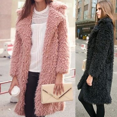 Women\'s Winter Fashion Solid Color Warm Furry Coat Lapel Long Sleeve Overcoat