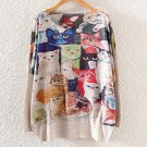 New Winter Vintage Fashion Women Long Batwing Sleeve Knitted Cat Family Print Sweater Coat Jumper Pu