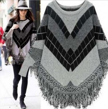 New Women Casual Basic Autumn Winter Sweater Top Tassel patchwork Loose Coat printed Long Sleeve kee