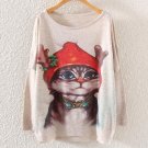 Autumn Winter Fashion Women Batwing Sleeve Knitted Geometric Xmas Cat Print Sweater Coat Jumper Pull
