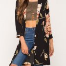 Hitmebox 2017 Fashion Autumn Winter Women\'s 3/4 Sleeve Floral Frinted Medium-Long Open Front Trench