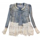 Autumn Fashion Denim Clothes Long Sleeve Neck With Pearls Lace Coat Outwear Slim Winter Trench