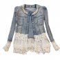 Autumn Fashion Denim Clothes Long Sleeve Neck With Pearls Lace Coat Outwear Slim Winter Trench