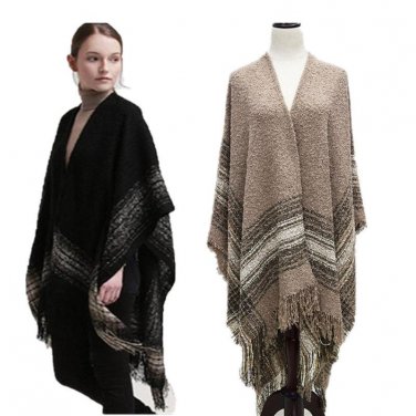 New Women\'s Winter Poncho Cape Coat Vintage Blanket Womens Tassel Shawl Cardigan Woolen Scarf Overw