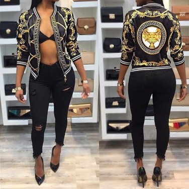 Autumn Winter Pattern Printed Women Coat Long Sleeve Biker Short Coat Jacket Zip Outwear Sukajan Sho