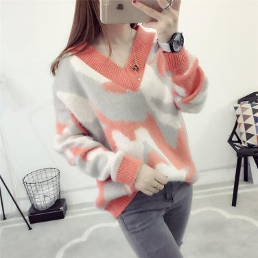 2017 New Winter Sweater Female Sleeve Head V Collar Loose Thin Coat Student Camouflage