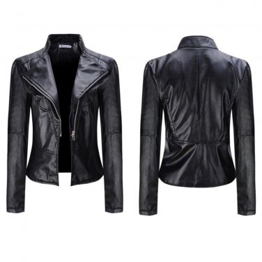2017 New Elegant Autumn Winter Leather Jacket Women\'s Short Black PU Leather Coat Ladies Slim Motor