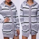 Woman Winter Geometric Print Thick Warm Hooded Long Coat Jacket Parkas Cardigan