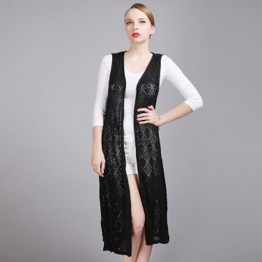 Women Long Cardigans Autumn Winter Open Stitch Poncho Knitting Sweater Cardigans Sleeveless Hollow S