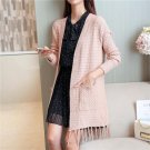 2017 women\'s autumn winter loose tassel pocket solid three quarter sleeve long cardigan sweater fem