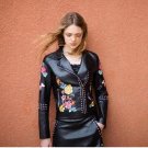 New Pattern Leather Bomber Jackets Embroidered Autumn Winter Denim Jacket Women Embroidery Rivet Lea