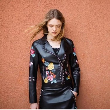 New Pattern Leather Bomber Jackets Embroidered Autumn Winter Denim Jacket Women Embroidery Rivet Lea