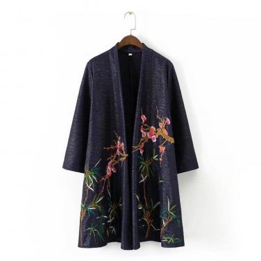 Floral Embroidered Open Front Cardigan Autumn Winter Knitted Cardigans Coat Long Sleeve Poncho Sweat