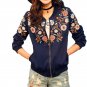 Floral Embroidered Bomber Jacket Autumn Navy Long Sleeve Short Slim Boho Chic Style Streetwear Pilot