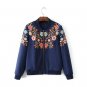 Floral Embroidered Bomber Jacket Autumn Navy Long Sleeve Short Slim Boho Chic Style Streetwear Pilot