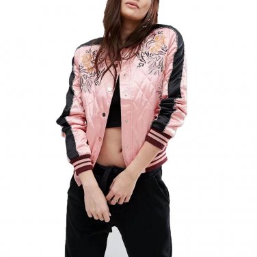 2017 Autumn New Pink Floral Embroidered Bomber Jacket Boho Patchwork Biker Streetwear Pilots Basic O
