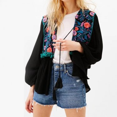 Floral Embroidered Sequin Boho Jacket Cardigan Summer Batwing Sleeve Lace Tied Up Tassels Bohemian H