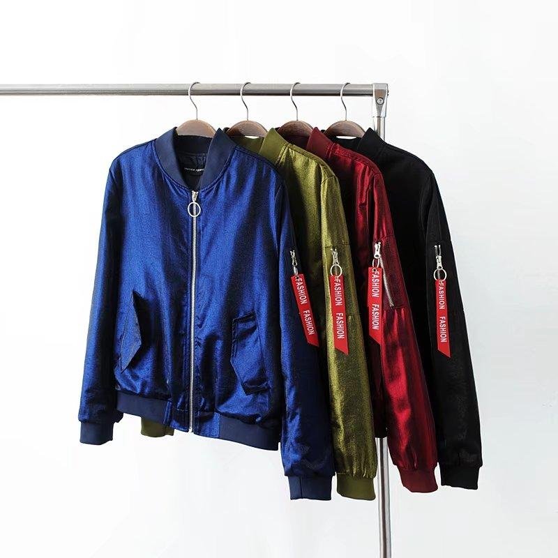 2018 New Fashion Women Casual Flight Bomber Jackets Lady Long Sleeve Satin Baseball Coats Army Green