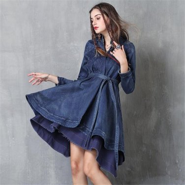 Brand Fashion Irregular Long denim jacket Autumn Winter Vintage Embroidered Belt Slim Jackets Women 