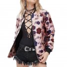 Women\'s Fashion Florals Print Bomber Jacket Casual Long Sleeve Zipper Warm Cotton Liner Pink Parkas
