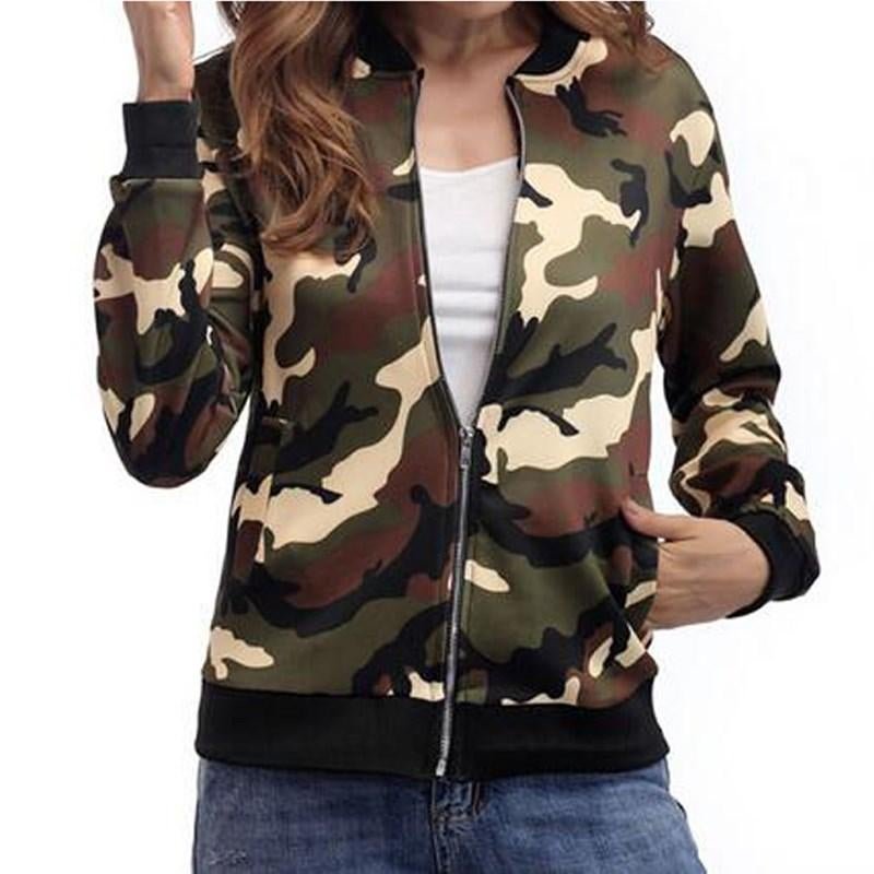 Women Army Green Long Sleeve Zipper Bomber Autumn Camouflage Print Pockets Slim Fit Coat Outerwear C