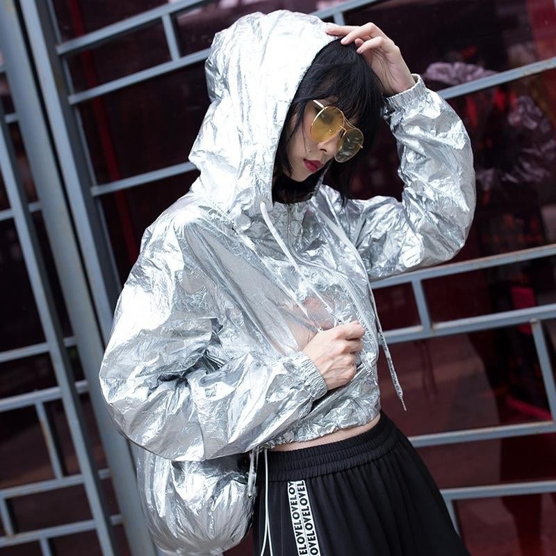TWOTWINSTYLE 2017 Silver Hooded Coat Female Bomber Jacket Autumn Long Sleeve Cardigan for Women Crop