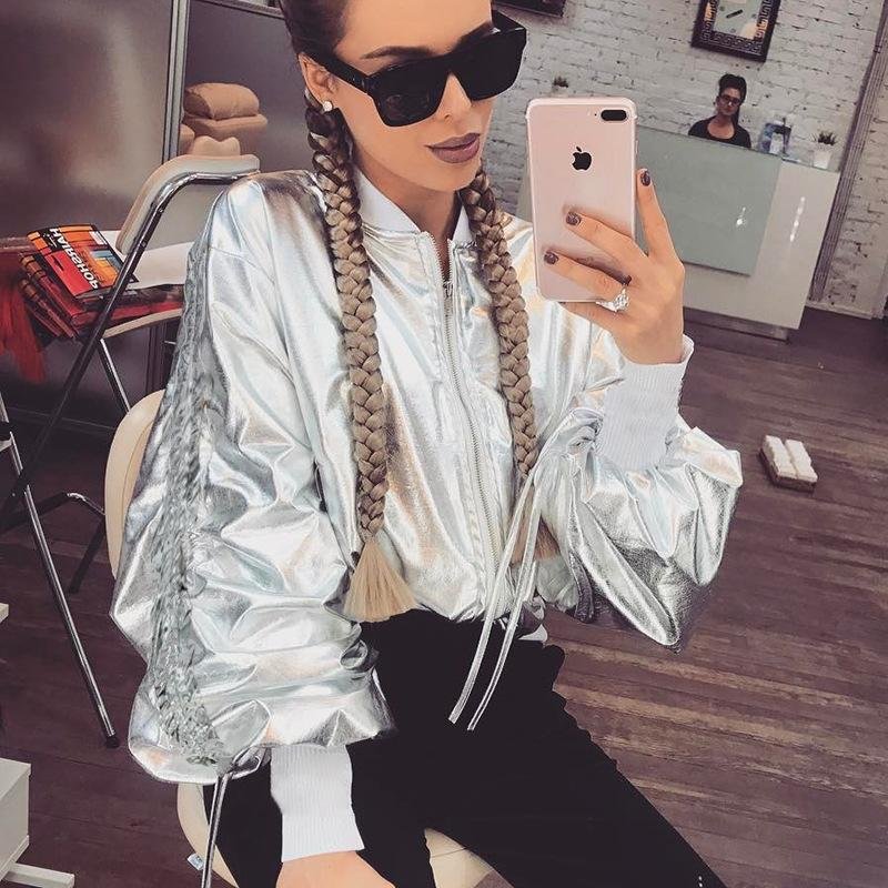 New Autumn Women Baseball Punk Silver Coat Long Lantern Drawstring Sleeve Lace Up Ribbons Loose Fash