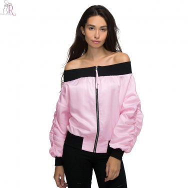 Pink Off Shoulder Bomber Pilot Jacket Coat Satin Sateen Long Sleeve Loose Casual Sexy High Street 20