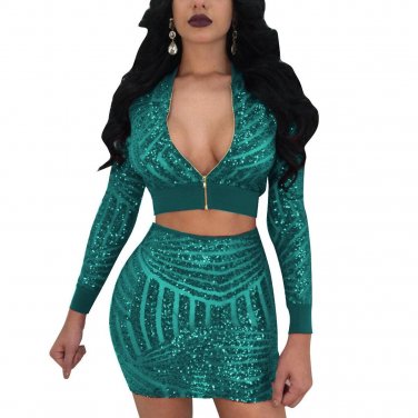 Sexy Perspective Sequin Women\'s Set Long Sleeve Short Bomber Jacket Crop Tops Mini Pencil Skirt Nig