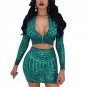 Sexy Perspective Sequin Women\'s Set Long Sleeve Short Bomber Jacket Crop Tops Mini Pencil Skirt Nig