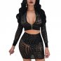 Sexy Perspective Sequin Women\'s Set Long Sleeve Short Bomber Jacket Crop Tops Mini Pencil Skirt Nig