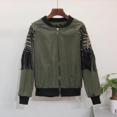 HIGH QUALITY New Fashion 2016 Designer Jacket Women\'s Long Sleeve Tassel Beading Zip Bomber Jacket
