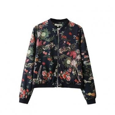 Autumn Basic Jacket Bomber Zipper Baseball Women Casual Flower Print Outerwear Flight Jackets Long S