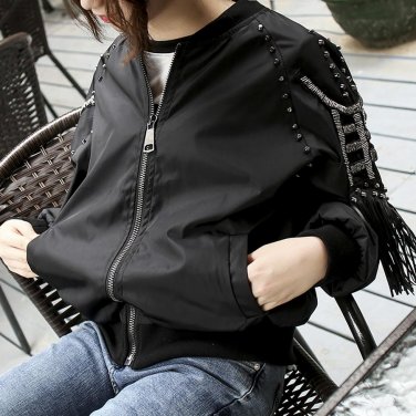 Female Bomber Jacket Women\'s Autumn Winter Fashion Baseball Coats Design Tassel Rivet Harajuku Hip 