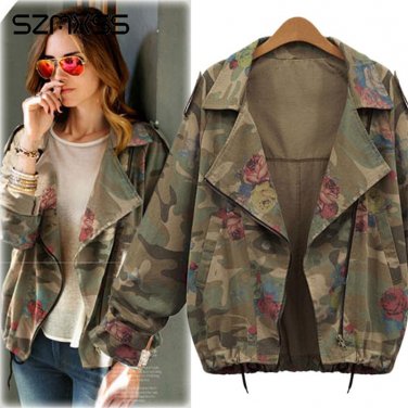 Coat Women\'s Basic Jackets Plus Size 4XL Army Green Camouflage Coats Zip Cardigans Denim Outwear Bo